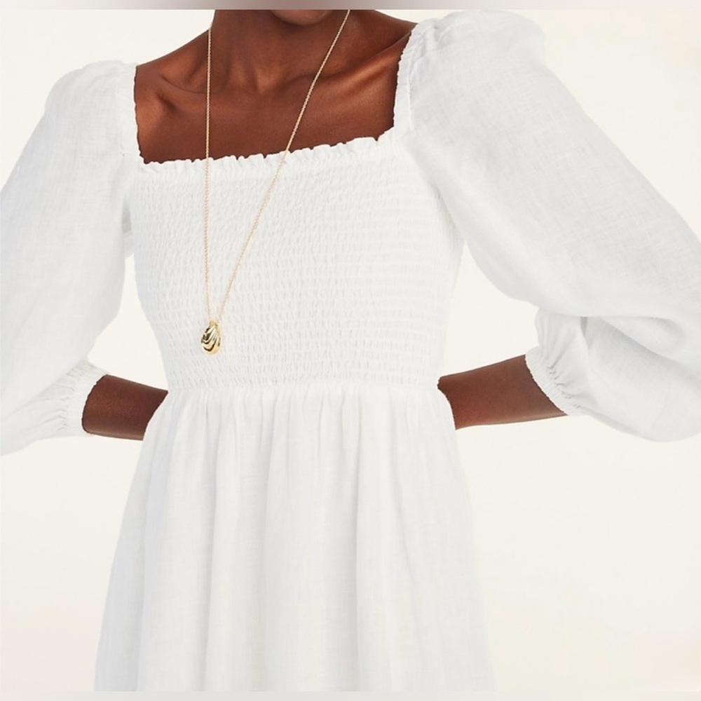J. Crew Smocked‎ Top Midi Front Slit White Puffy Sleeve Dress 100% Linen Size:M